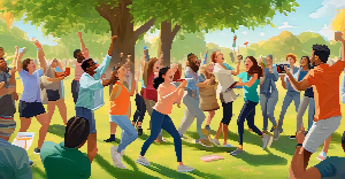 Remote workers enjoying a virtual scavenger hunt outdoors, smiling and holding found items in a sunny park.