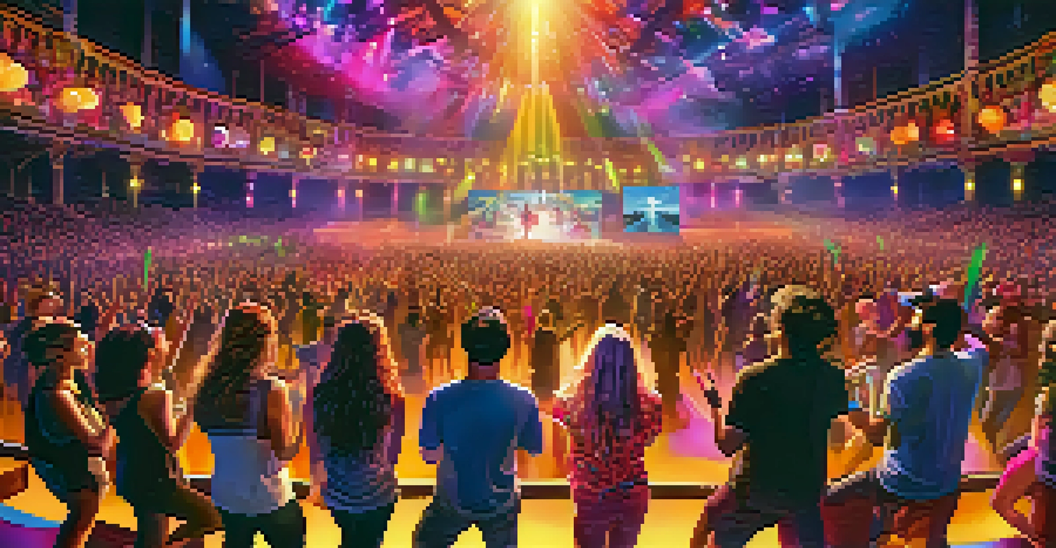A virtual reality concert scene with avatars enjoying a live performance in a colorful, vibrant landscape.