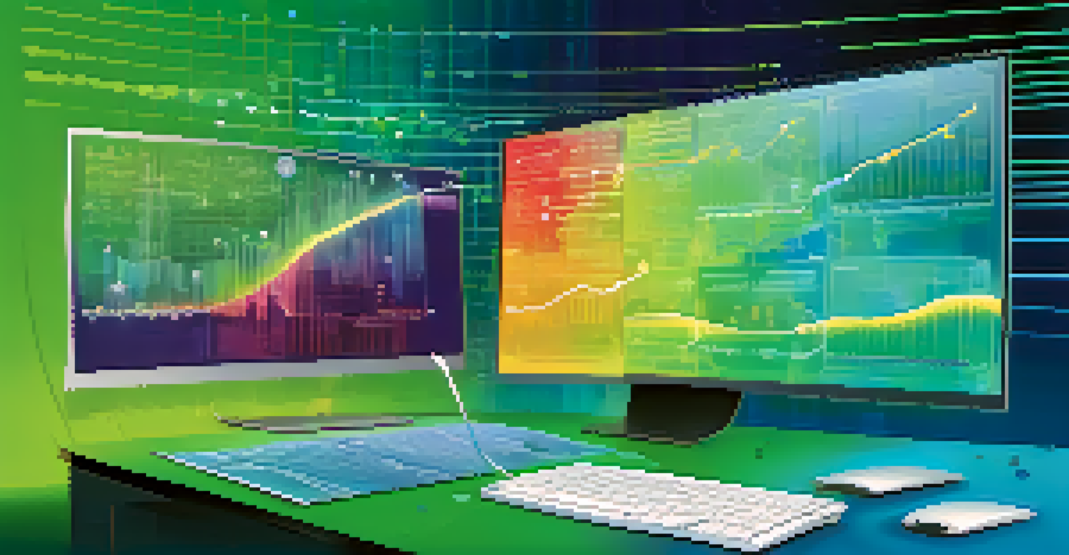 An abstract representation of predictive analytics with colorful graphs and charts emerging from a computer screen.