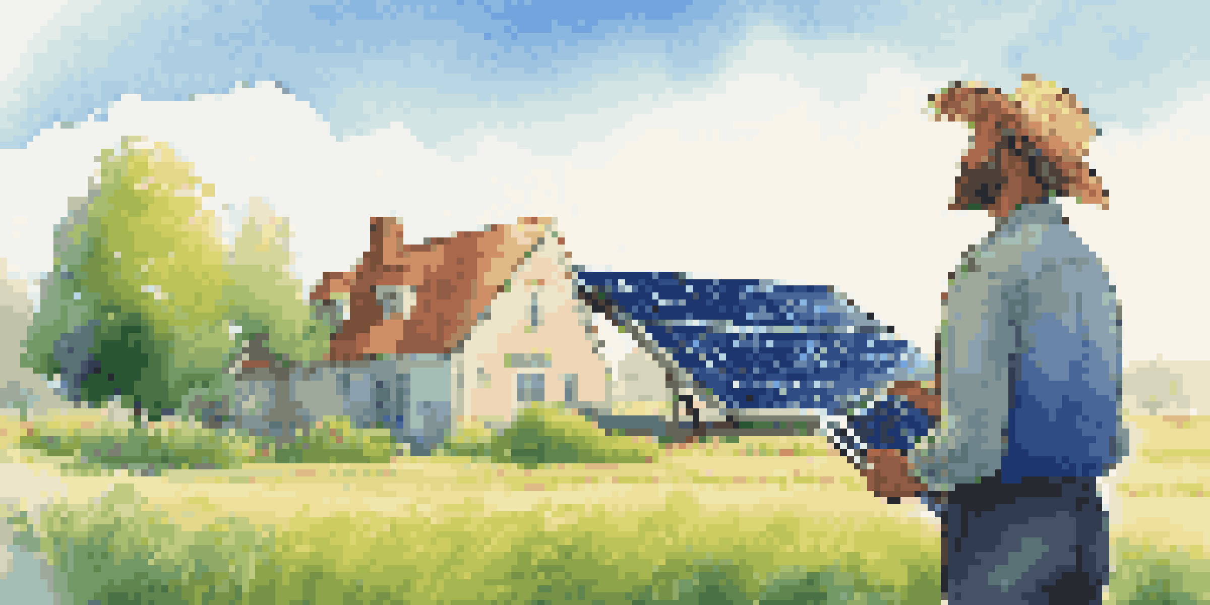A farmer next to solar panels, holding a tablet with a blockchain app, in a sunny field.