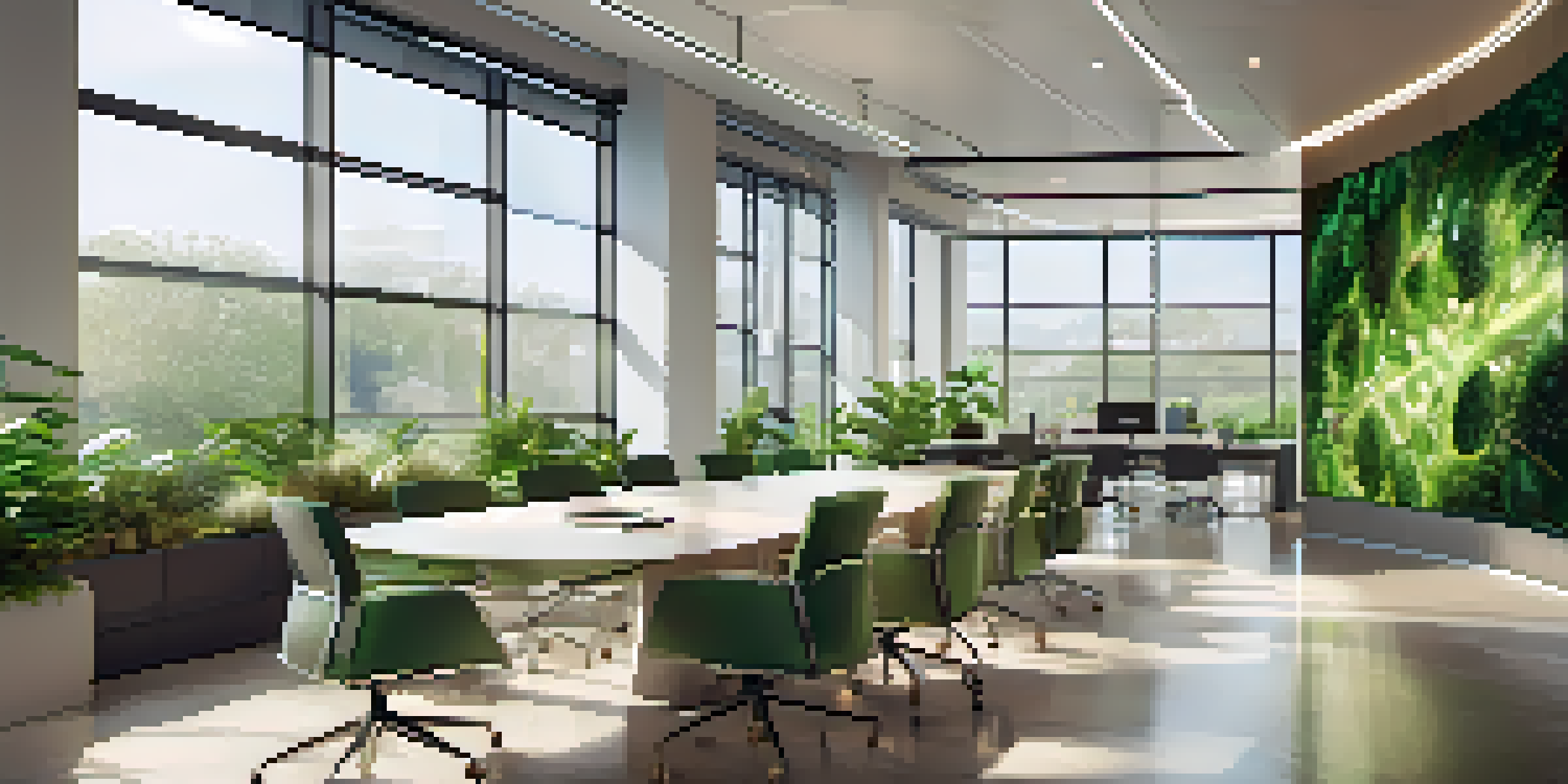 A diverse group of professionals in a modern office collaborating on AI analytics data, with natural light and greenery outside.