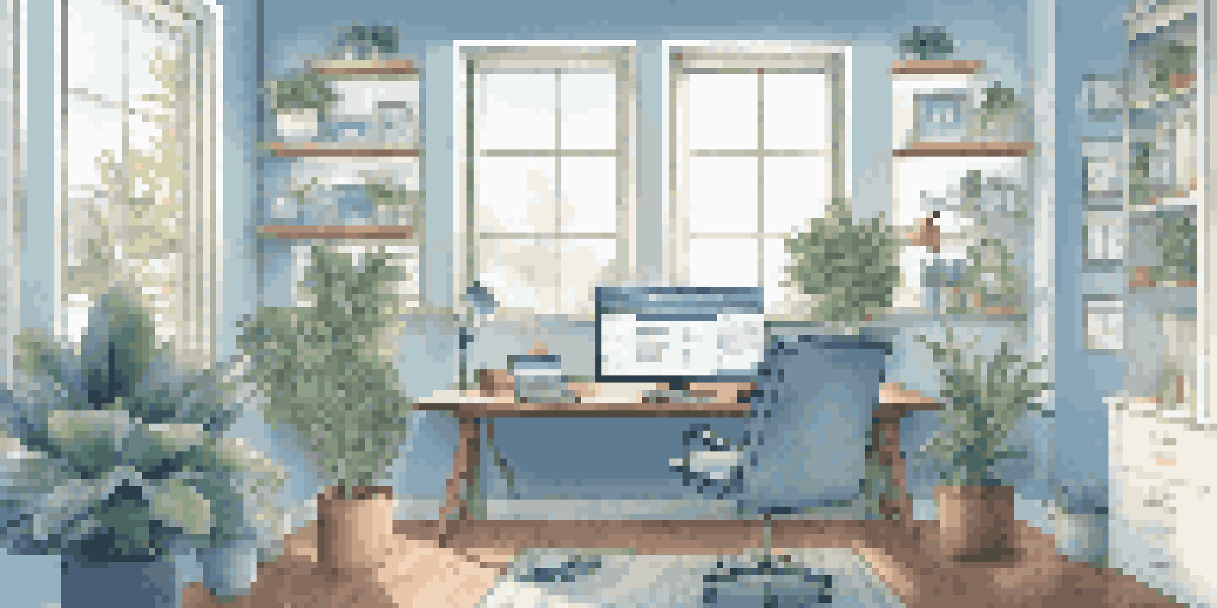 A person in a modern home office working on a laptop with multiple screens, surrounded by plants and motivational posters, illuminated by natural light.