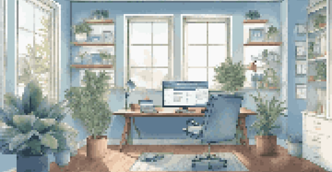 A person in a modern home office working on a laptop with multiple screens, surrounded by plants and motivational posters, illuminated by natural light.