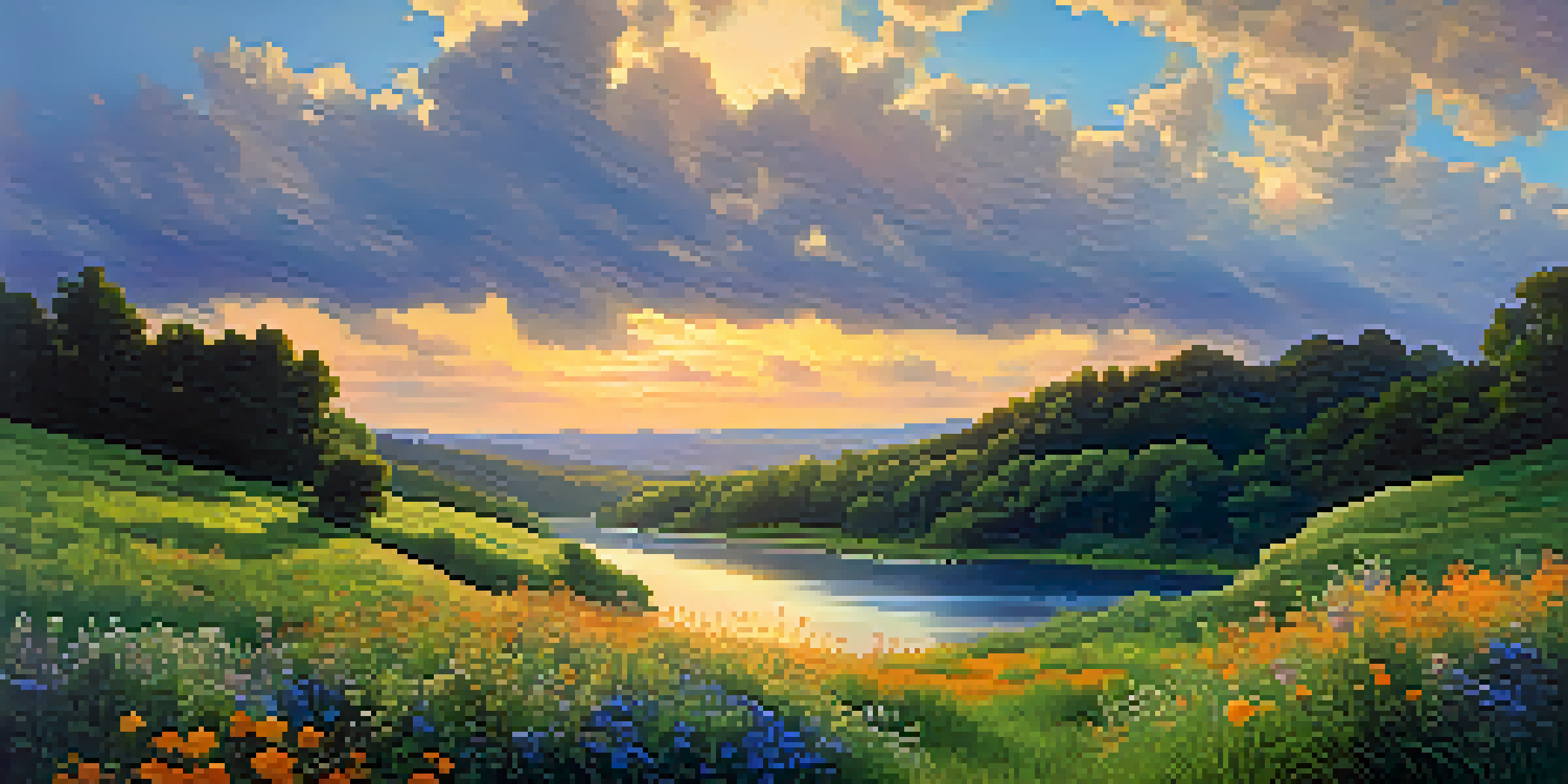 A beautiful sunrise over a green valley with fluffy clouds and a winding river reflecting the sky.