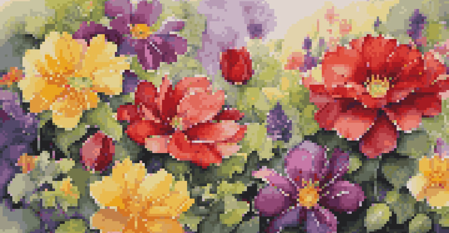 A close-up of a colorful flower garden with blooming flowers and dewdrops.