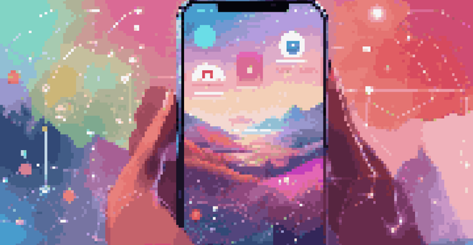 A smartphone displaying a colorful and futuristic social media interface with personalized content recommendations against a digital landscape background.