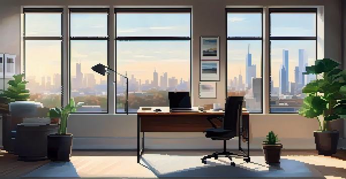 A bright office space with a city skyline view, a laptop on the desk, a potted plant, and a cup of coffee bathed in morning light.