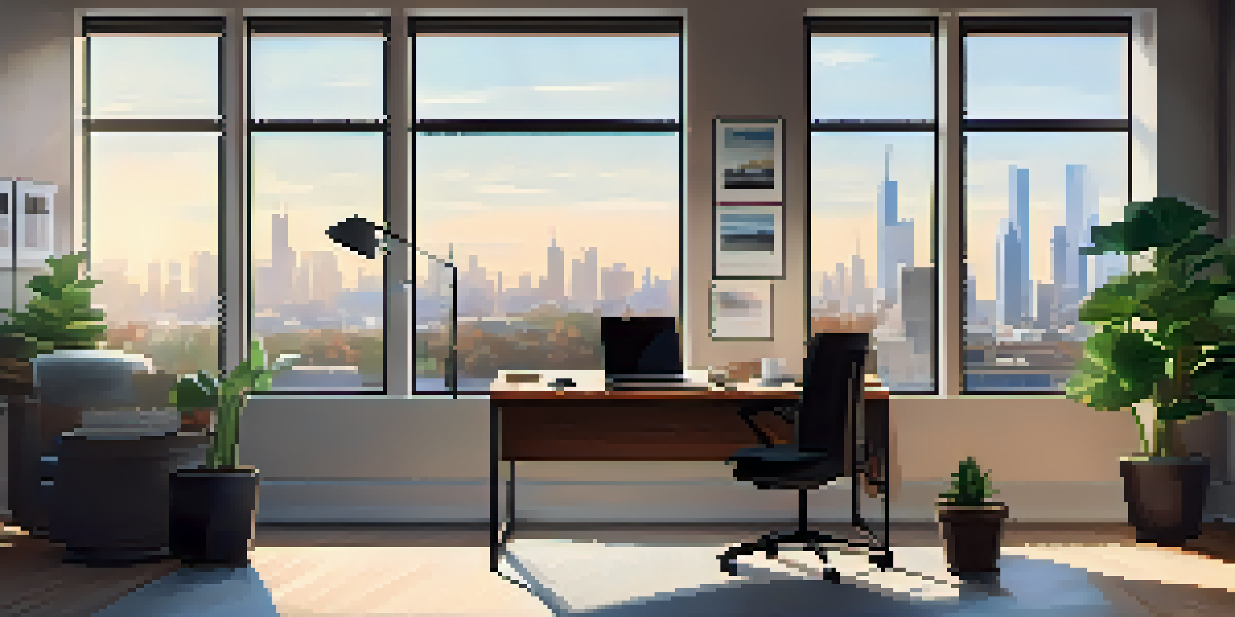 A bright office space with a city skyline view, a laptop on the desk, a potted plant, and a cup of coffee bathed in morning light.