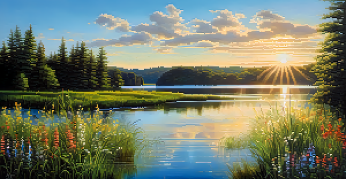A peaceful lake scene with green forests and colorful wildflowers under a clear blue sky.