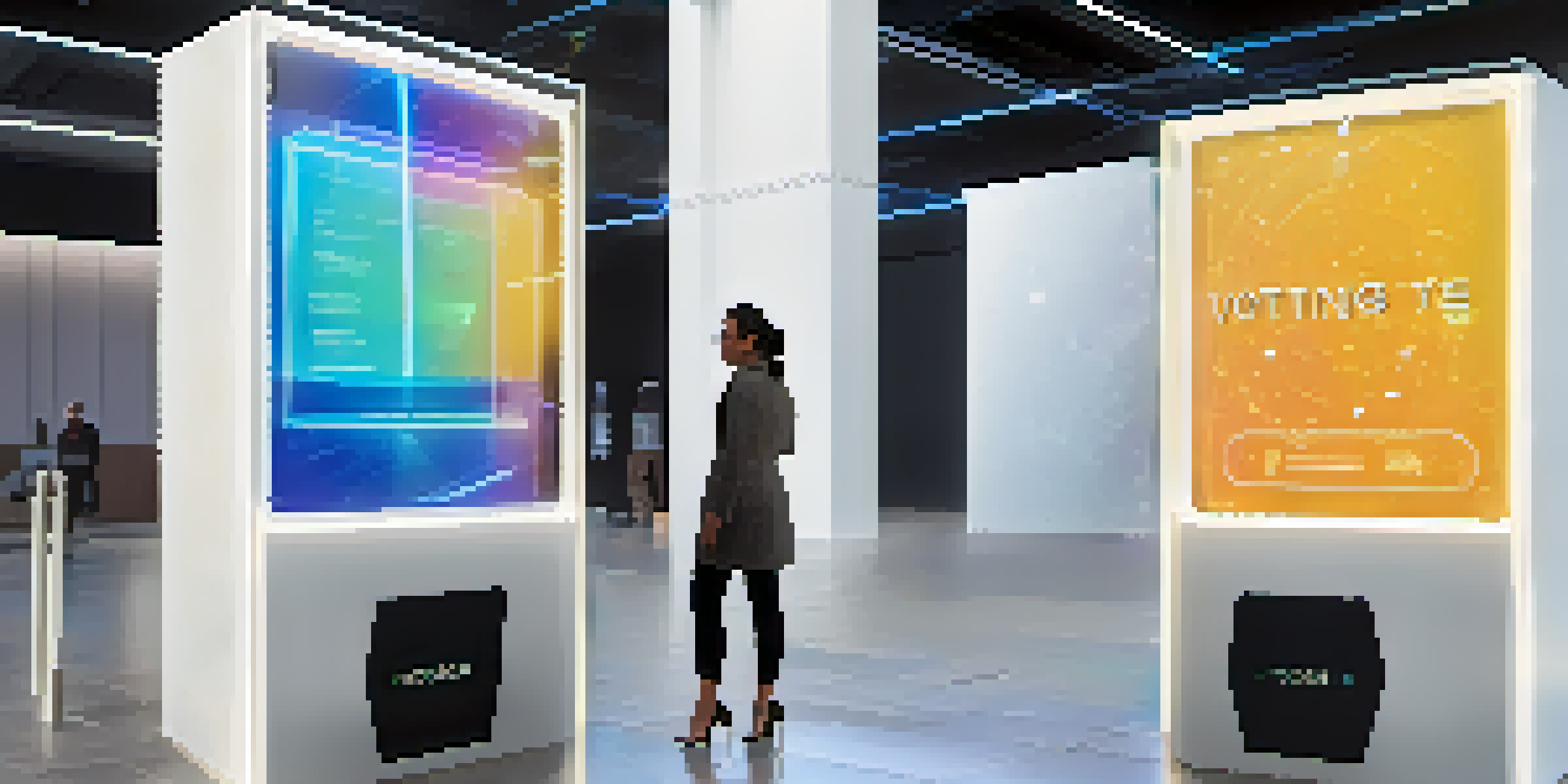 A modern voting booth with a digital interface, showing holographic voting data while citizens engage with the system.