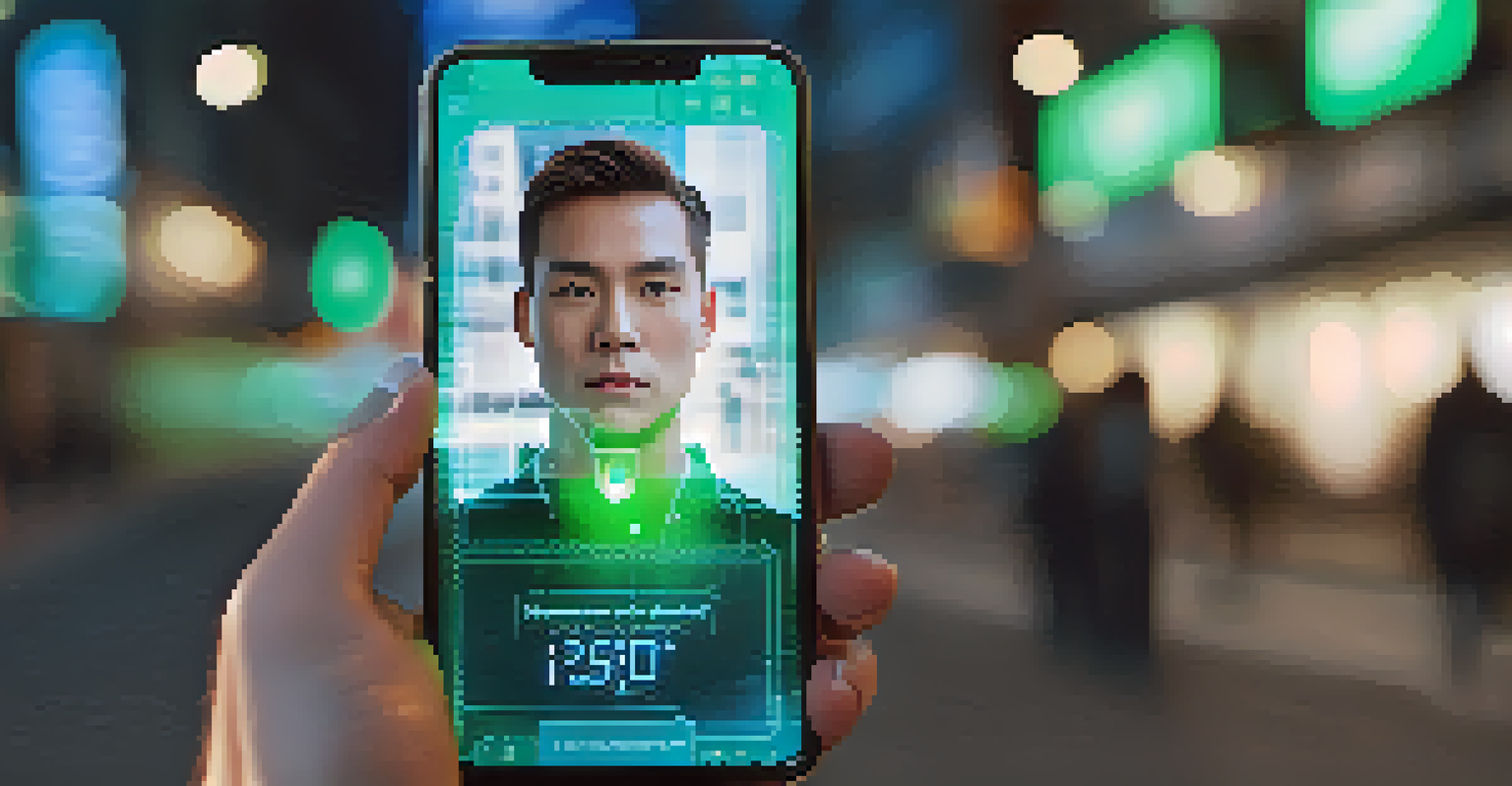 A smartphone screen showing facial recognition technology with a blurred city background.