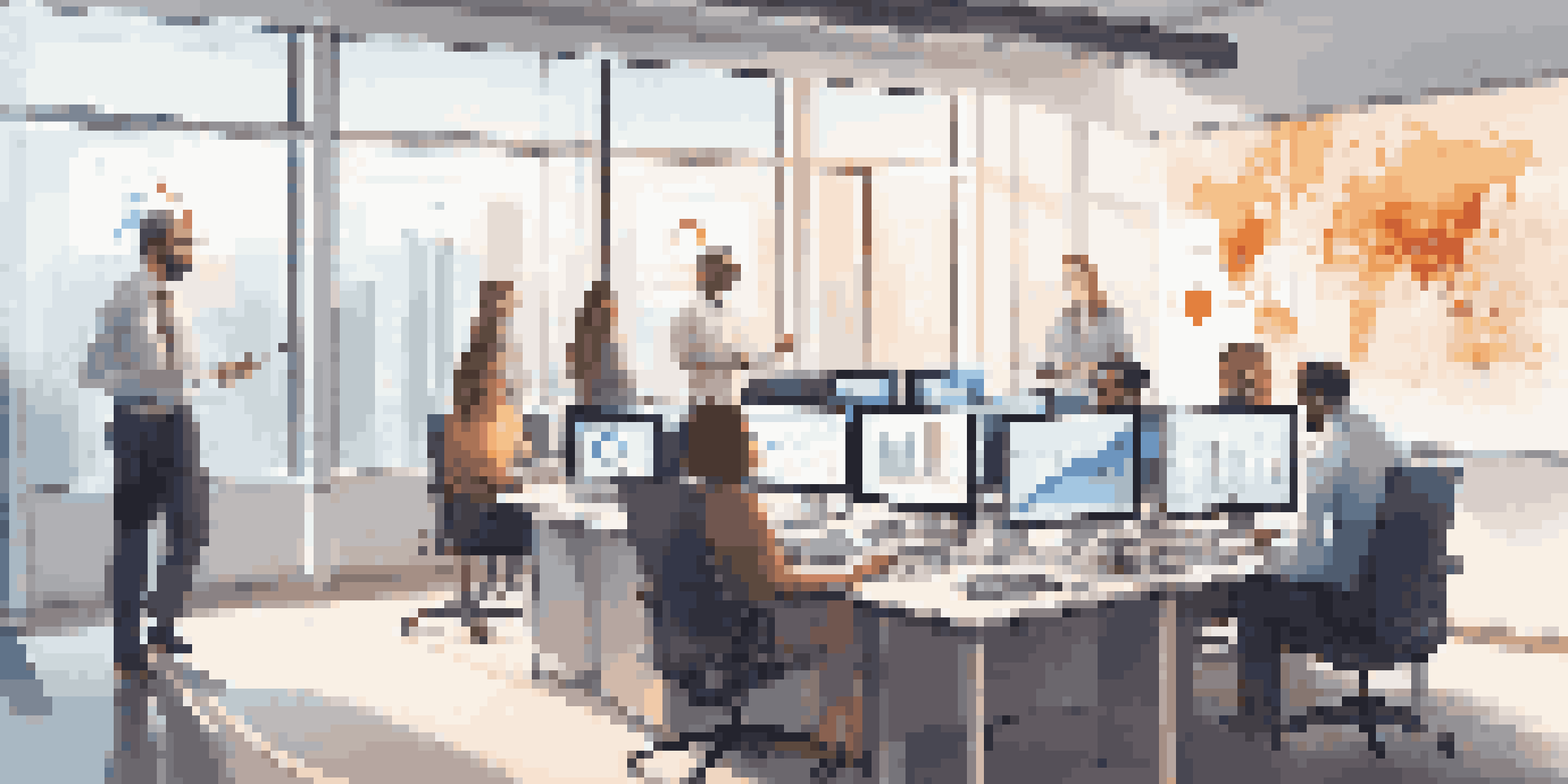 A diverse group of professionals in a bright office discussing data on large screens, with graphs and real-time alerts visible.