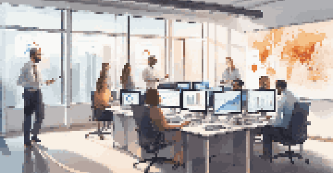 A diverse group of professionals in a bright office discussing data on large screens, with graphs and real-time alerts visible.