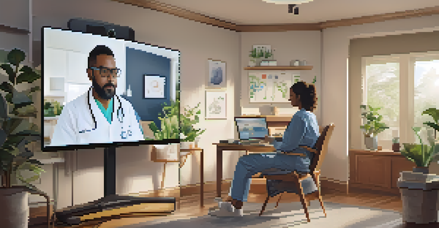 A patient at home using a wearable device to track vital signs, with a healthcare professional visible on a screen, in a cozy setting.