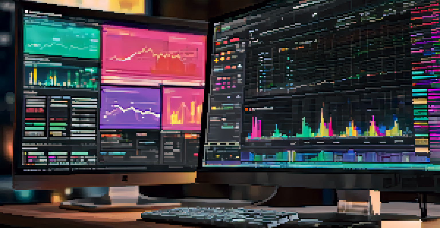 A computer screen displaying algorithmic trading data with colorful graphs and charts, set in a dimly lit workspace.