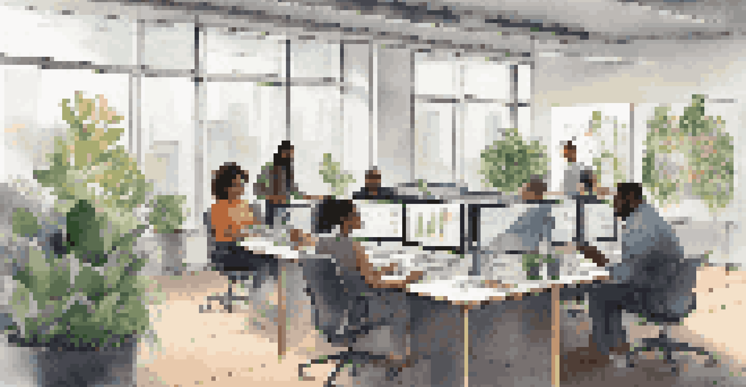 A modern office with a diverse team of professionals collaborating on a digital project in a bright environment.