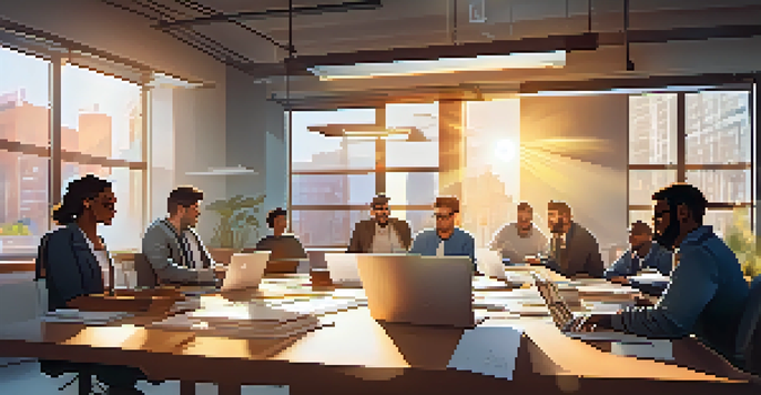 A diverse team of developers collaborating in a modern office workspace, with laptops and sticky notes spread across a large table, under bright sunlight.