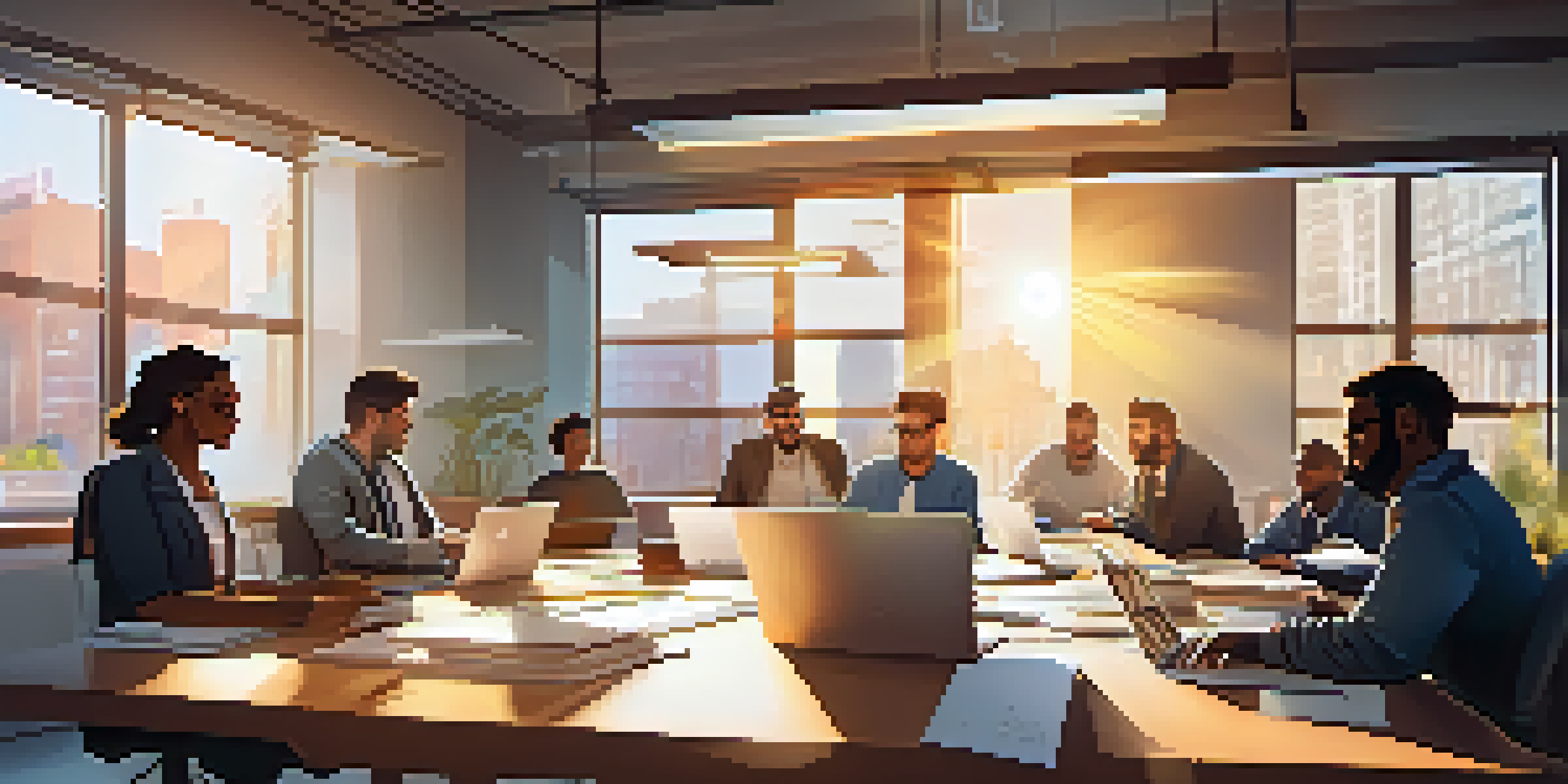 A diverse team of developers collaborating in a modern office workspace, with laptops and sticky notes spread across a large table, under bright sunlight.