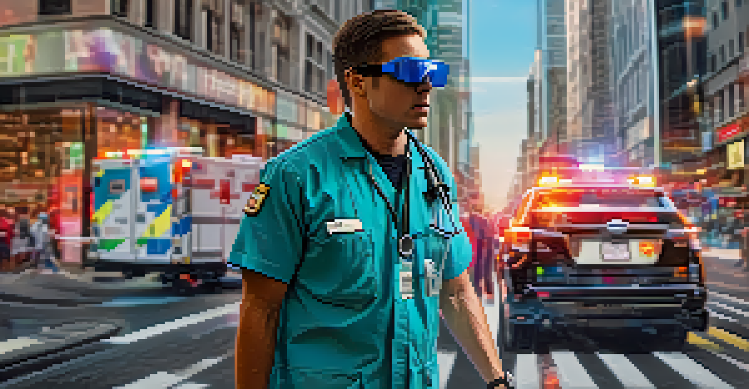 A paramedic with augmented reality glasses viewing a patient's medical holograms at an emergency scene.