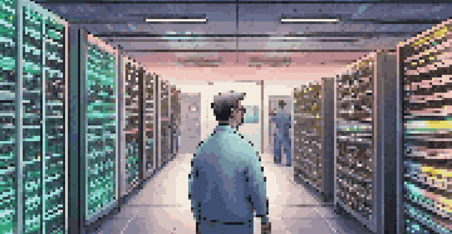 Technician monitoring virtual machines in a server room filled with glowing servers.