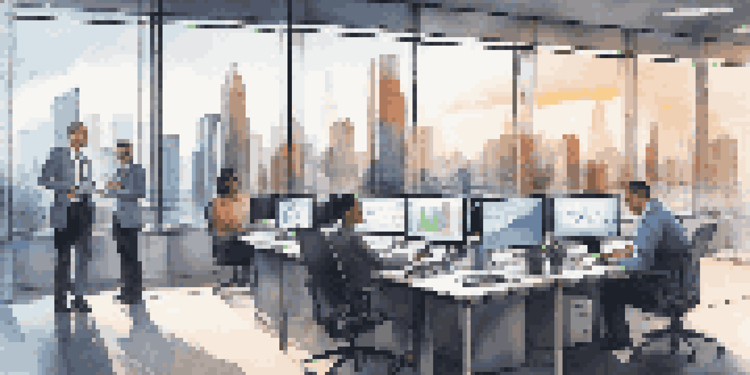 A diverse team of auditors in a modern office using laptops and AI technology to analyze financial data, with city skyline visible through large windows.