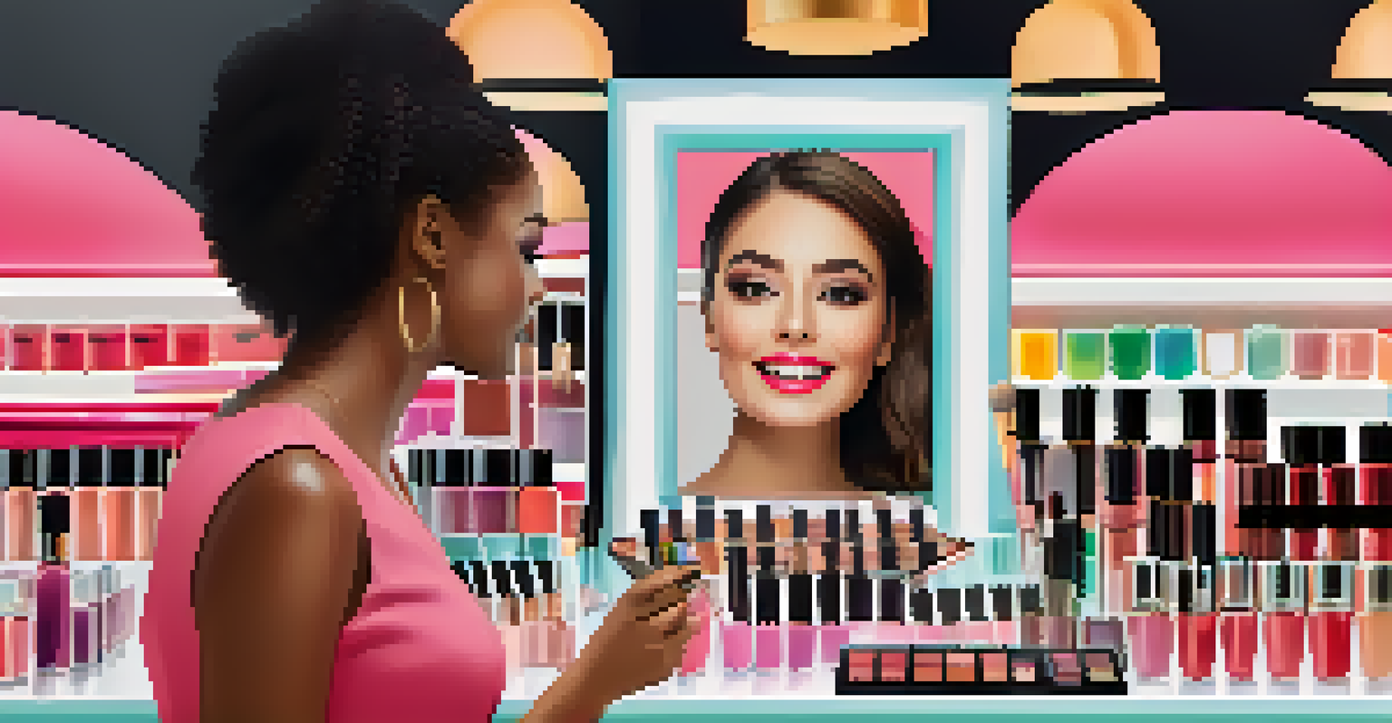 A customer applying makeup at a cosmetics counter using an augmented reality mirror, with colorful makeup products around.