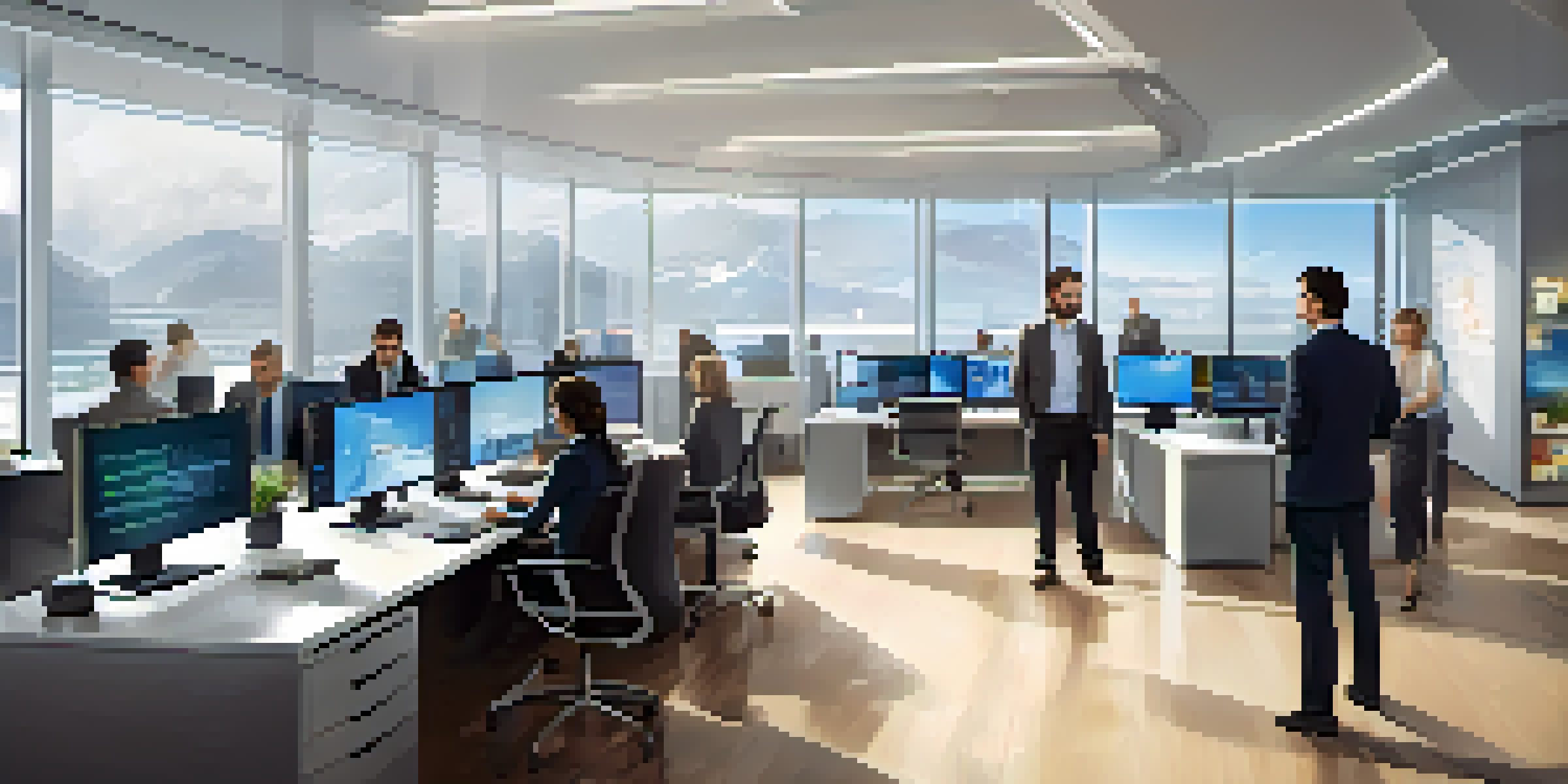 A diverse group of professionals working together in a modern office setting focused on cloud security, with screens showing data analytics and abundant natural light.