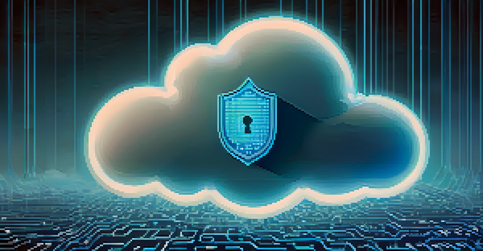 An illustration of a cloud with a digital lock and shield, representing data encryption and security.