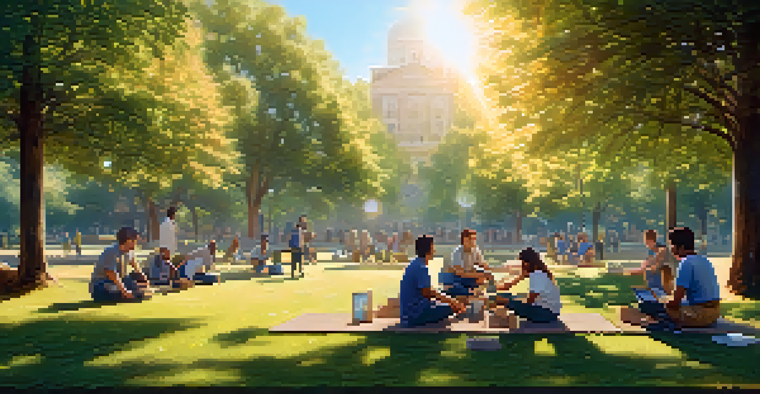 Volunteers working together in a park with a digital screen showing blockchain transactions in the background.