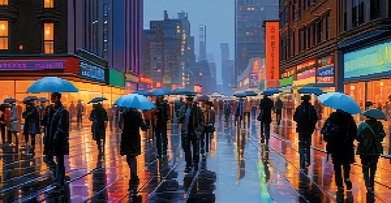 A busy city street at twilight with neon lights reflecting on wet pavement, featuring diverse people walking and buildings in the background.