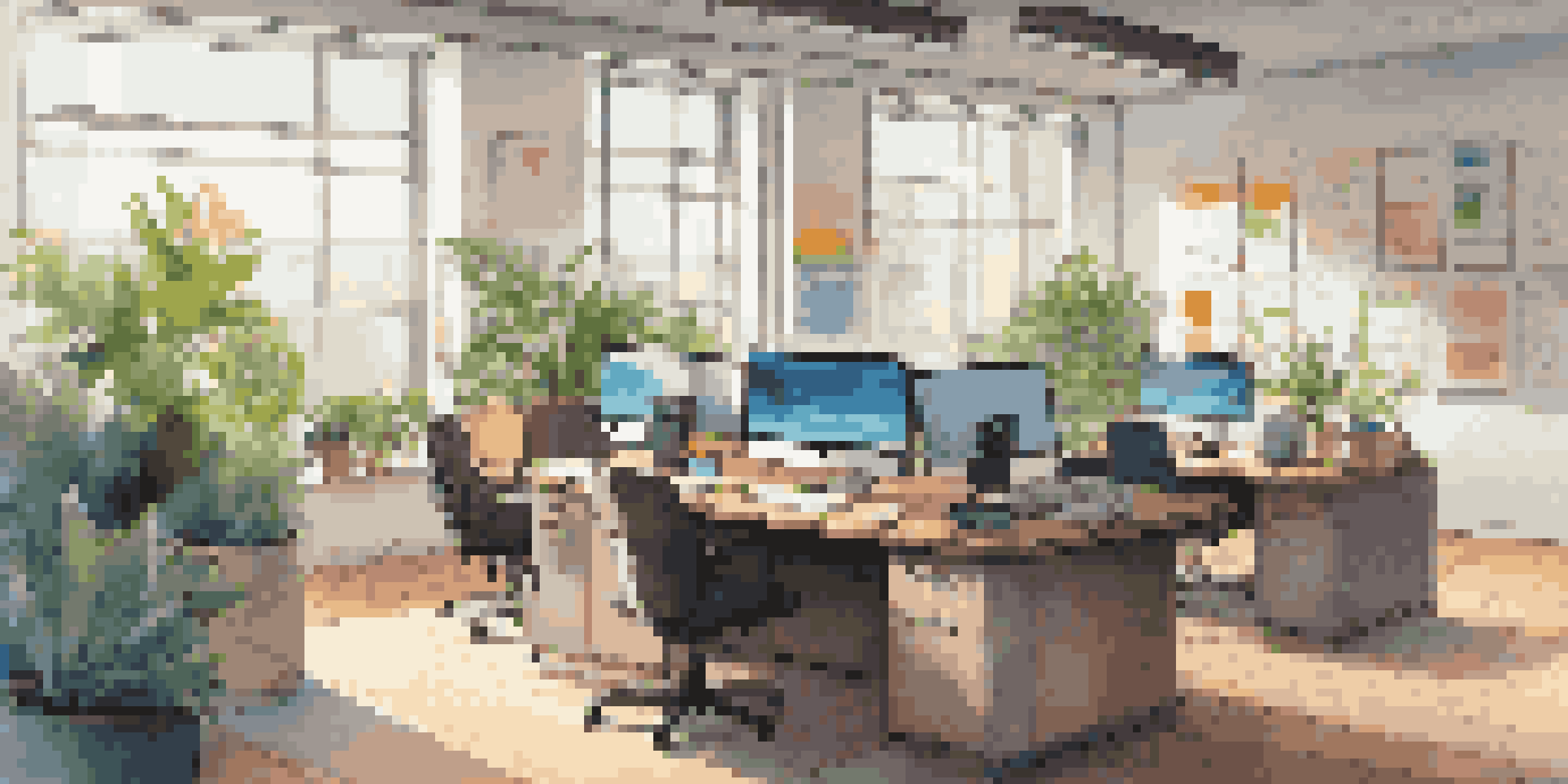 A contemporary office space with a wooden desk, computer, plants, and bright windows, decorated with abstract art and notes.