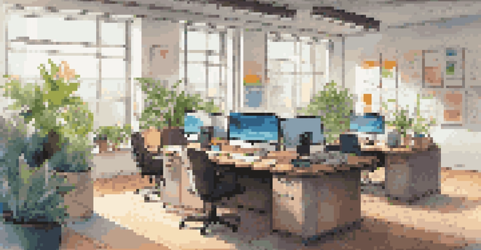 A contemporary office space with a wooden desk, computer, plants, and bright windows, decorated with abstract art and notes.