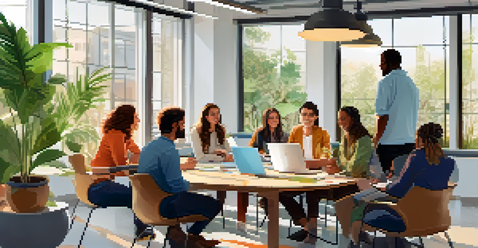 A diverse team of individuals engaged in a collaborative meeting in a bright office, discussing over a laptop with a whiteboard in the background.