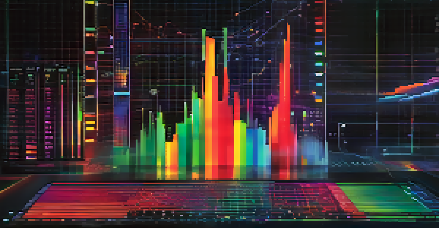 An abstract visualization of data analytics featuring colorful heatmaps and graphs on a dark background.