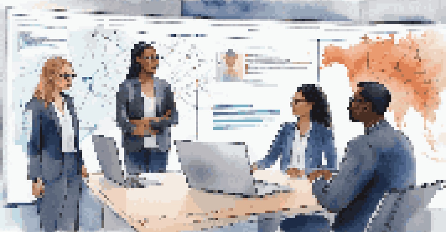 A diverse team of cybersecurity professionals discussing around a screen with network diagrams and vulnerability assessments.