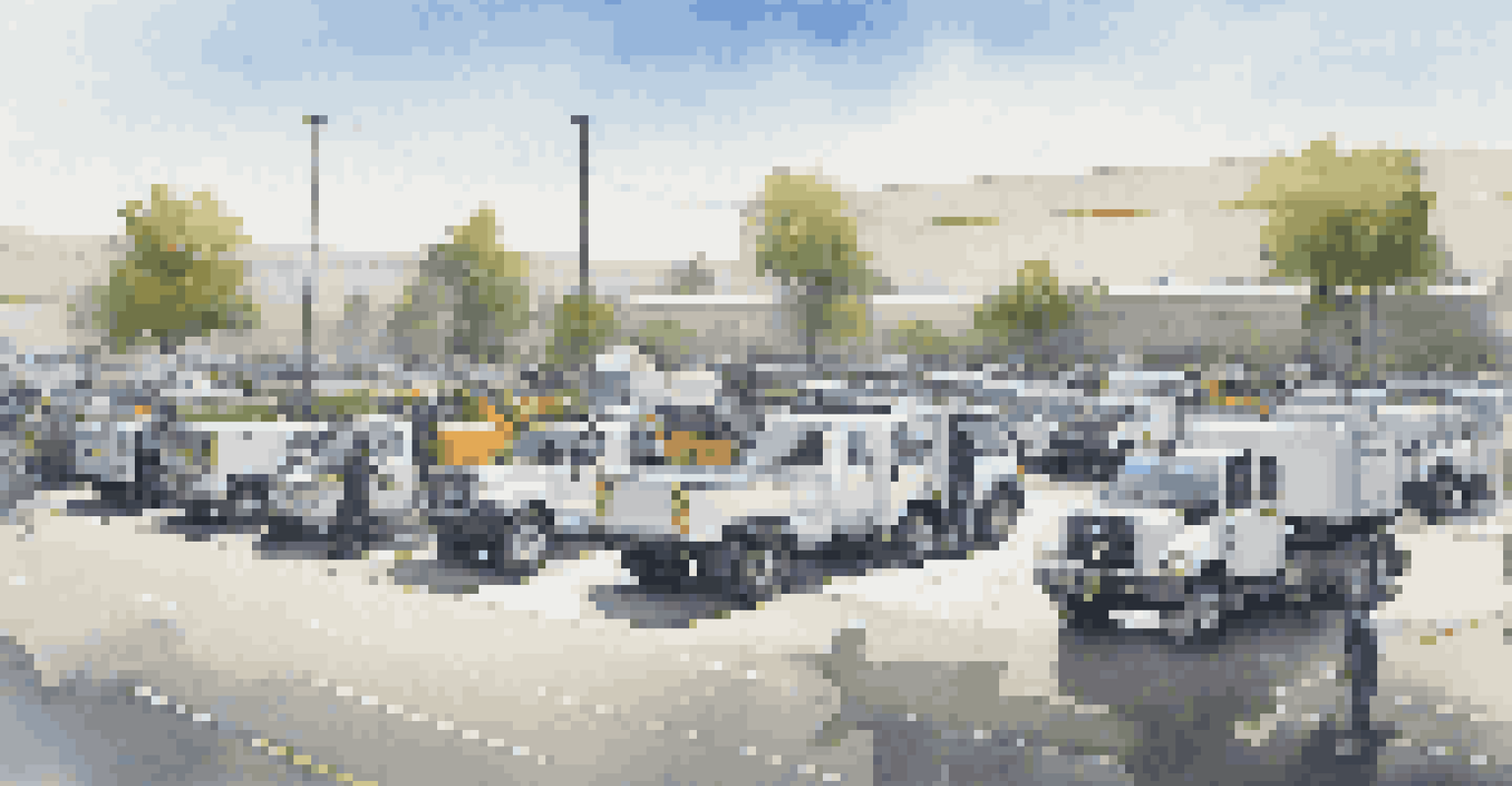 A diverse fleet of vehicles in a logistics yard with a fleet manager speaking to a driver under a clear blue sky.