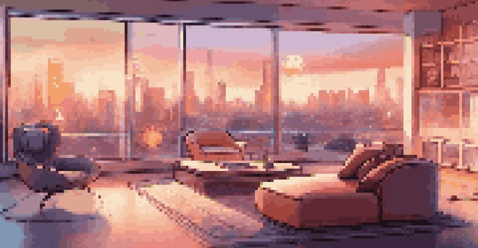 A cozy living room in a smart home with a view of a city skyline, showcasing modern smart devices and warm lighting.