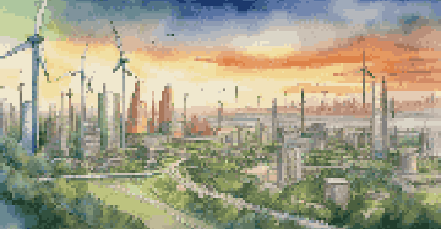 A futuristic cityscape at sunset with energy-efficient buildings, wind turbines, and green urban spaces.
