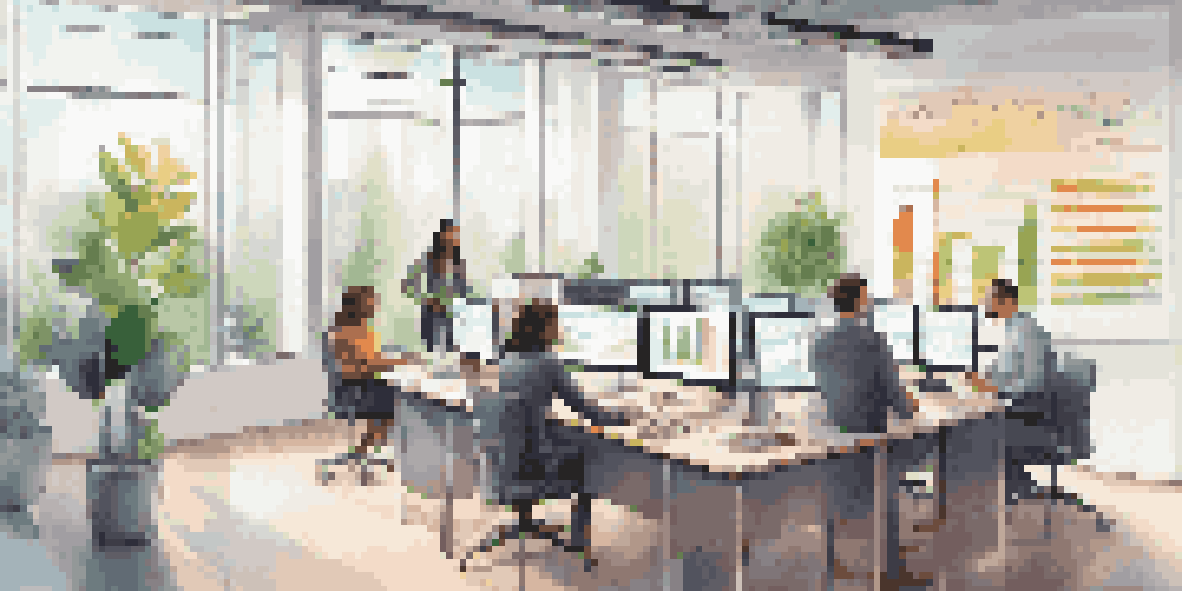 A modern office workspace featuring diverse professionals working together around a digital screen showing data privacy compliance charts, with bright natural light and plants in the background.