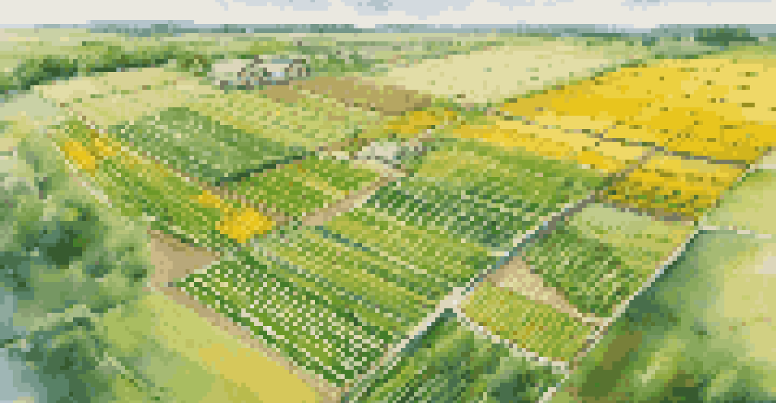 Aerial view of an agricultural field with drones and sensors for smart farming.