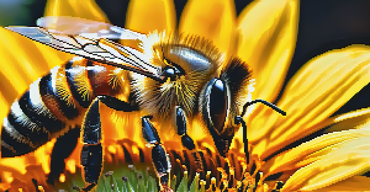 A close-up of a honeybee on a sunflower, showing details of the bee's wings and the texture of the petals, with a softly blurred background.