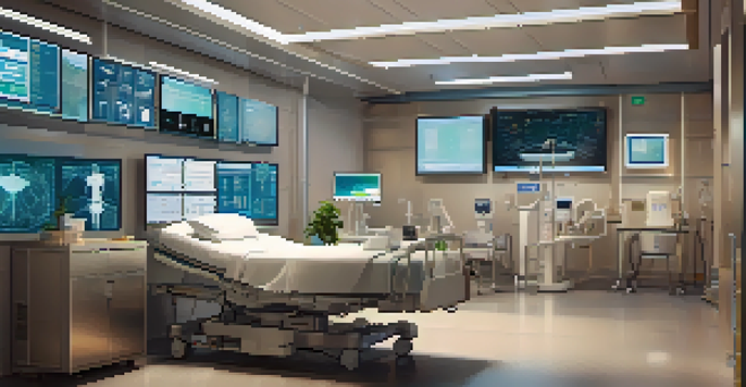 A modern hospital room with a patient in bed, displaying advanced AI technology and health monitoring screens.