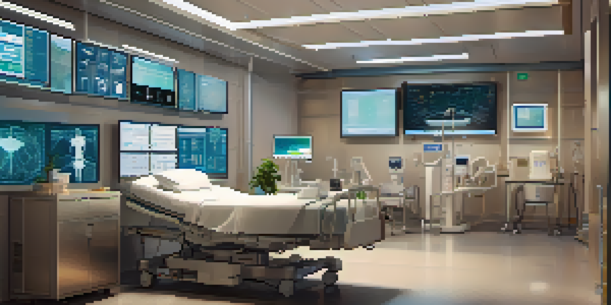 A modern hospital room with a patient in bed, displaying advanced AI technology and health monitoring screens.