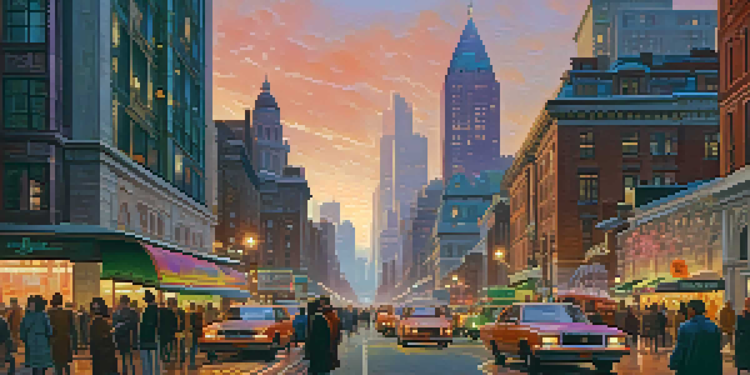 A city skyline at sunset with modern and historical buildings illuminated by city lights and bustling streets.