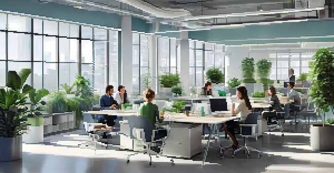 A bright modern office with employees collaborating at a large table, surrounded by plants and contemporary furniture.