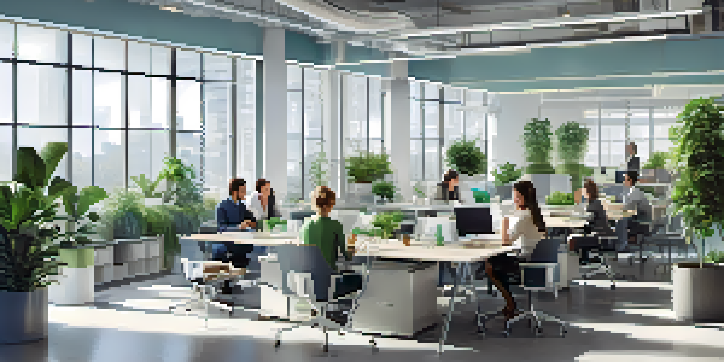 A bright modern office with employees collaborating at a large table, surrounded by plants and contemporary furniture.