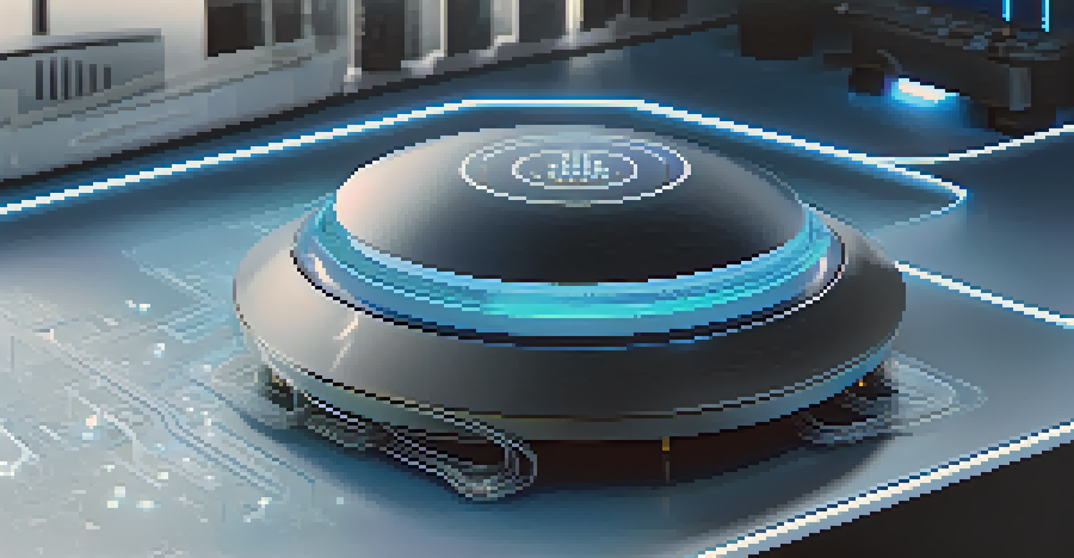 Close-up of an IoT device with sensors and a digital interface showing compliance data in a modern workspace.