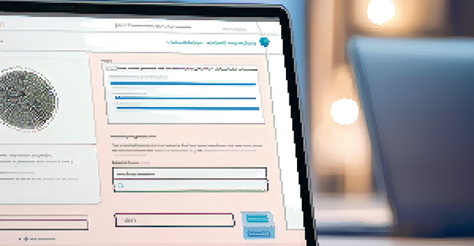 A laptop screen displaying a digital identity verification interface with biometric and security question options, set against a softly blurred background.