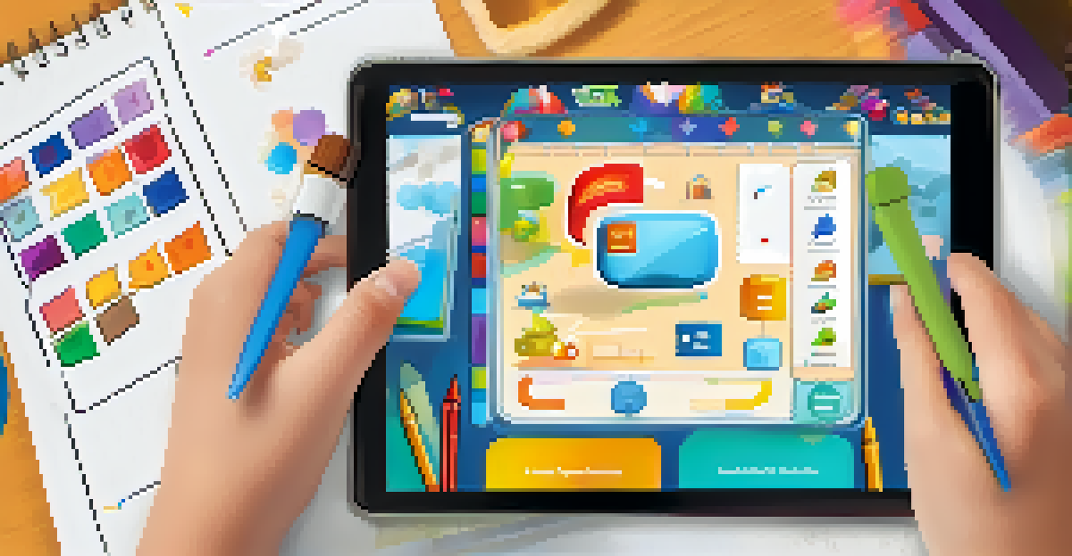 A student interacting with a game-based learning app on a tablet, showing colorful achievements and levels.