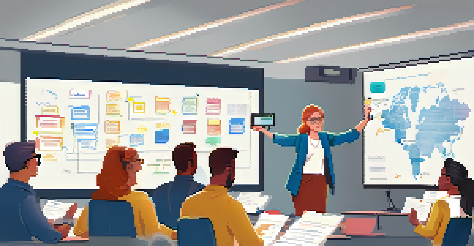 An Agile coach leading a workshop session, engaging with a diverse team in a room filled with sticky notes and a digital screen.